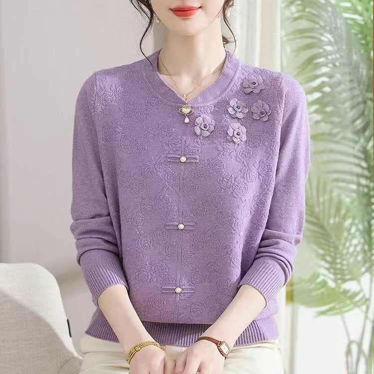 中老年妈妈春秋季新款上衣女高档谢谢减龄洋气外穿针织毛衣8808