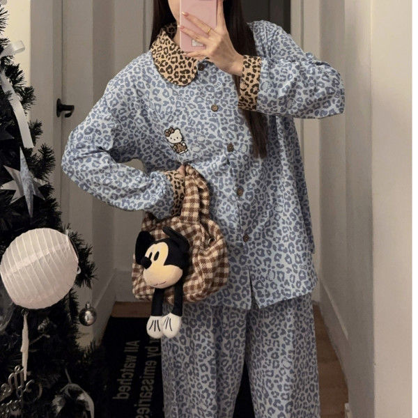 ins日系HelloKitty纯棉睡衣女春秋季卡通长袖豹纹女士家居服套装