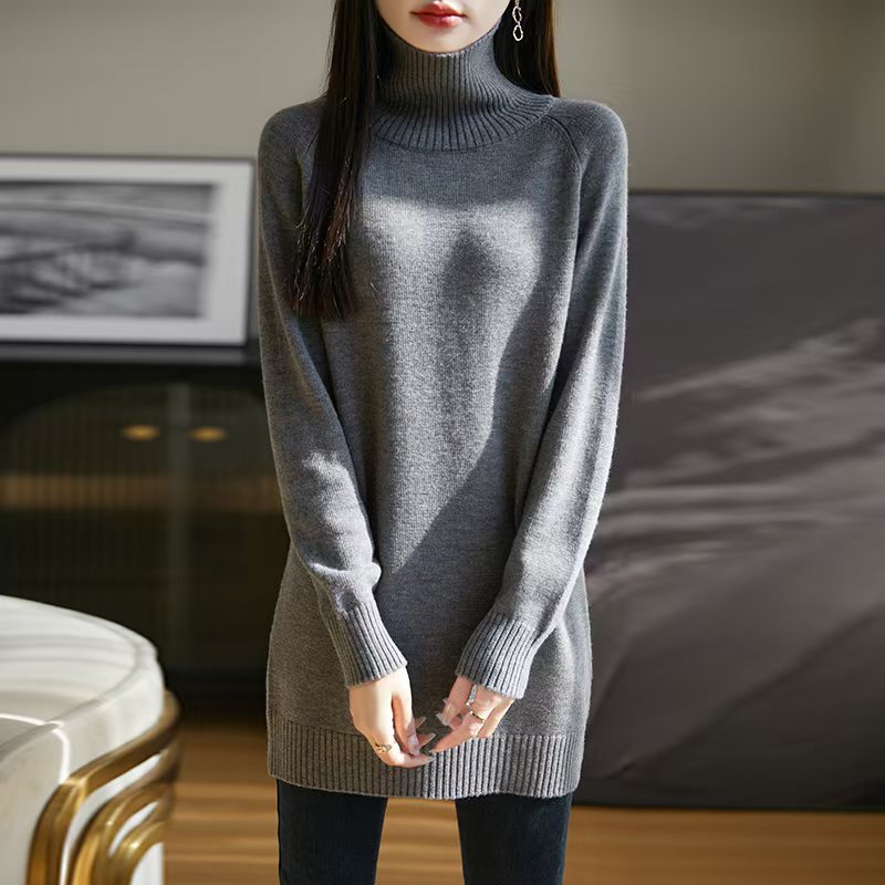 【羊毛连衣裙】36支精纺纯羊毛高翻领中长款裙子针织打底衫宽松女