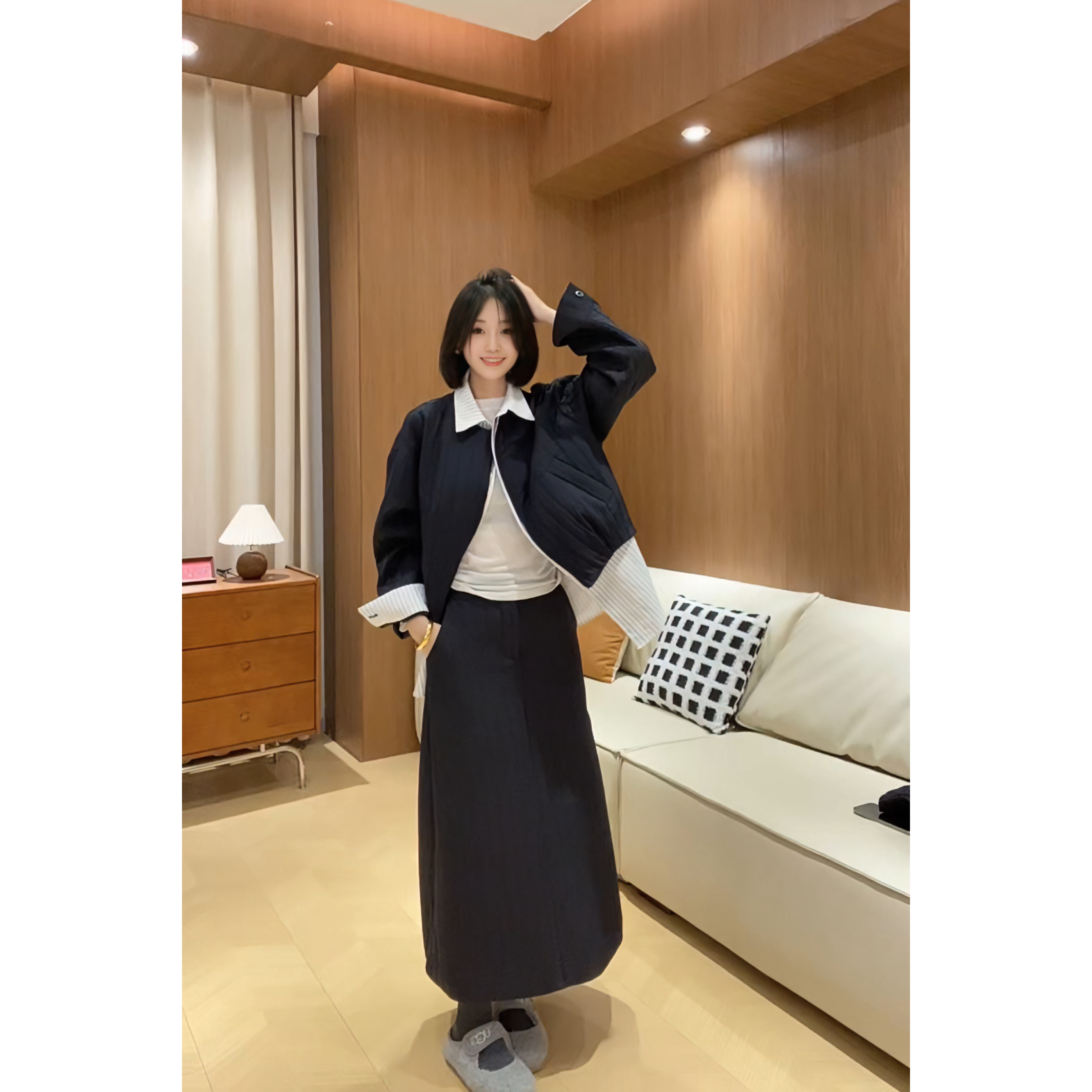 周老板/2025新款拼接绗缝棉服外套拼衬衫假两件+短裙、长裙两件套