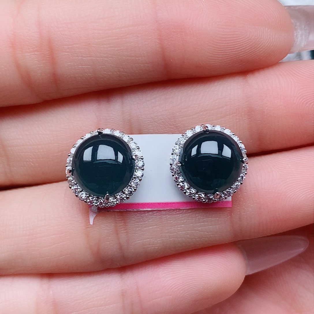 翡翠戒指银S925镶嵌耳钉