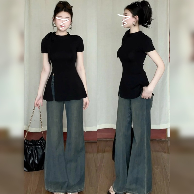 【现货】码休闲正肩短袖t恤装夏季别致胖MM遮肉显瘦开叉上衣-6821