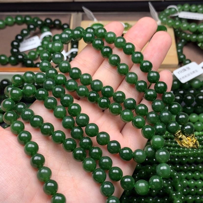 和田玉碧玉8m菠菜绿无黑点毛衣链108珠可做佛珠多圈手串