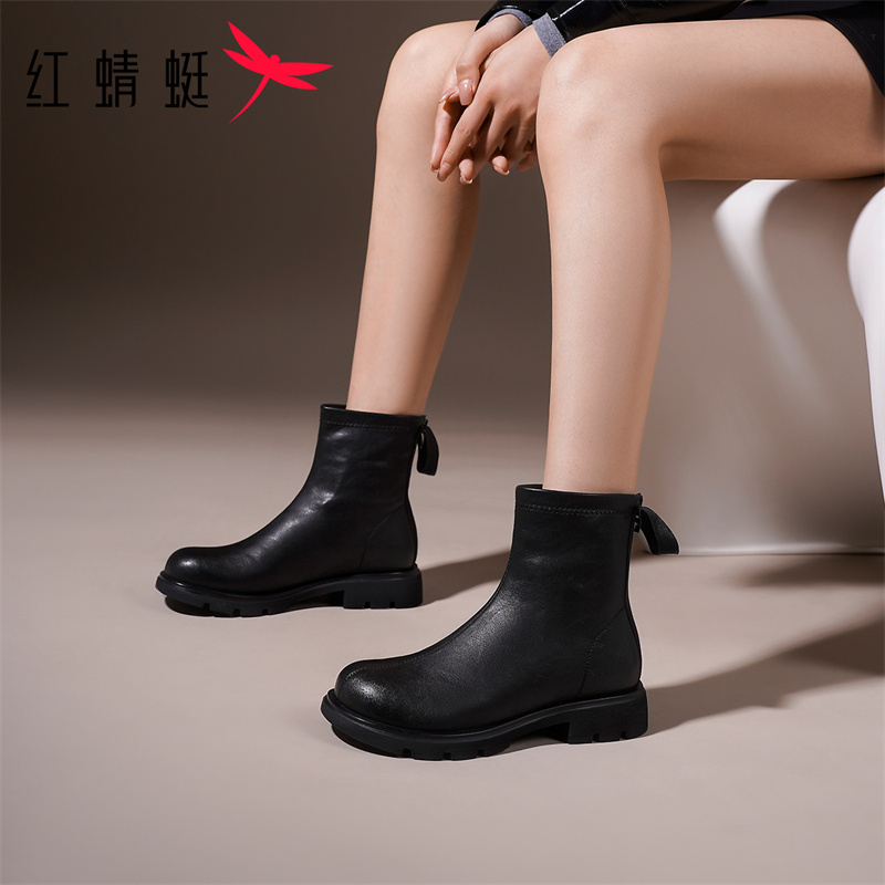 红蜻蜓女士时尚百搭粗跟厚底英伦风秋冬圆头后拉链黑色瘦瘦时装靴