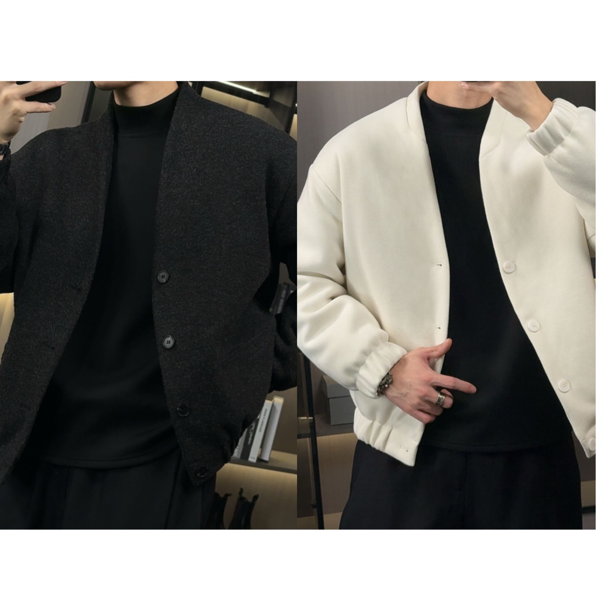 【绵羊毛】冬款简约高级感夹克式开衫无领设计单排扣男士棉服外套