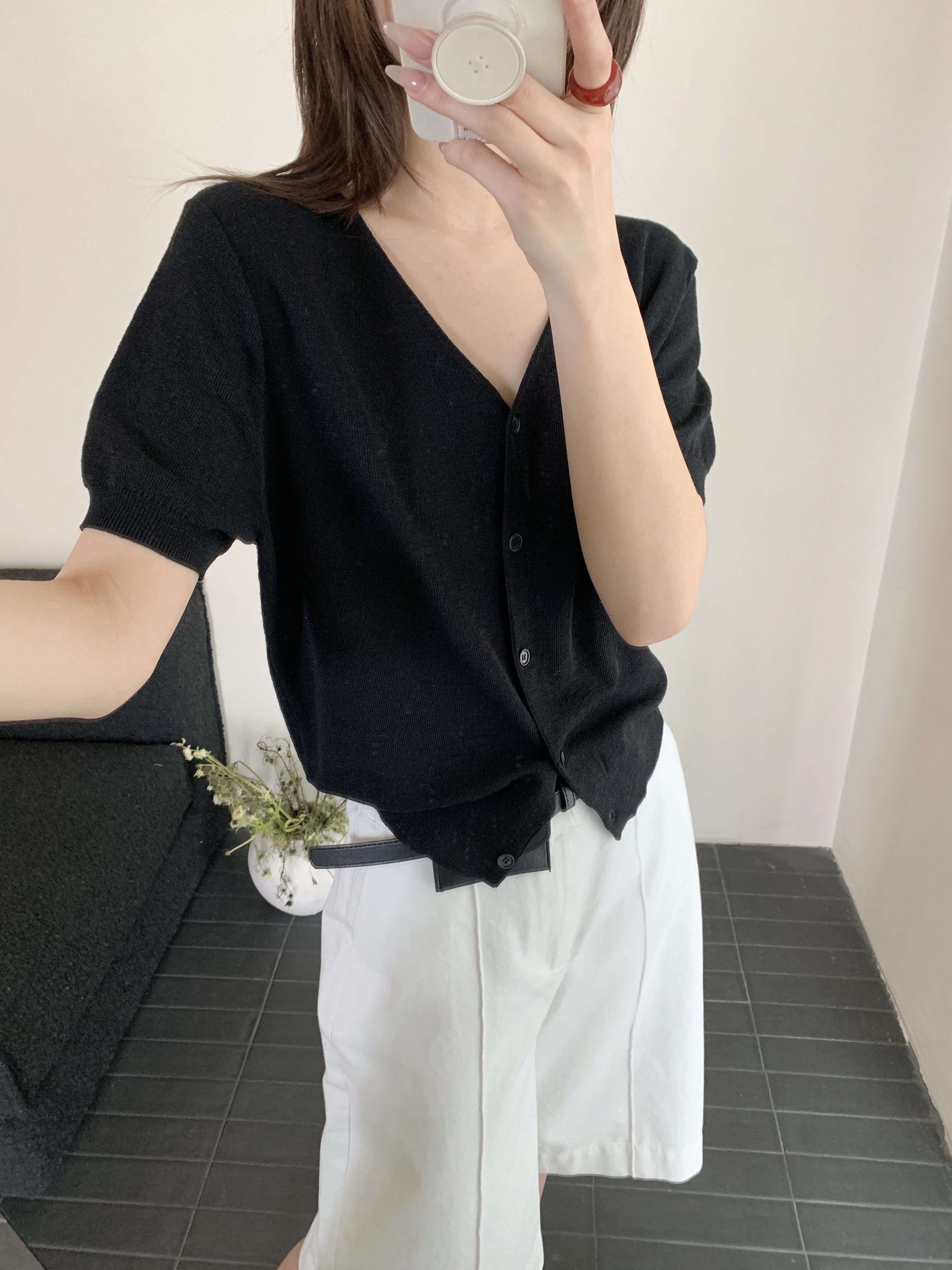 【素简.500129】春款上新云朵亚麻V领开衫短袖女装上新针织衫