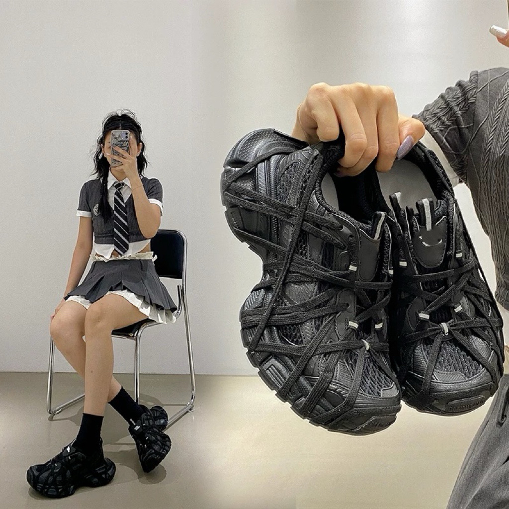 慧姐同款休闲运动绑带厚底网面透气增高复古老爹鞋0285店