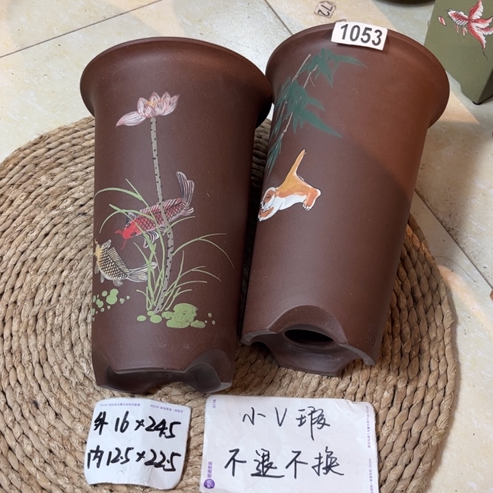 花盆紫砂 微微瑕紫泥彩绘直筒两只1053