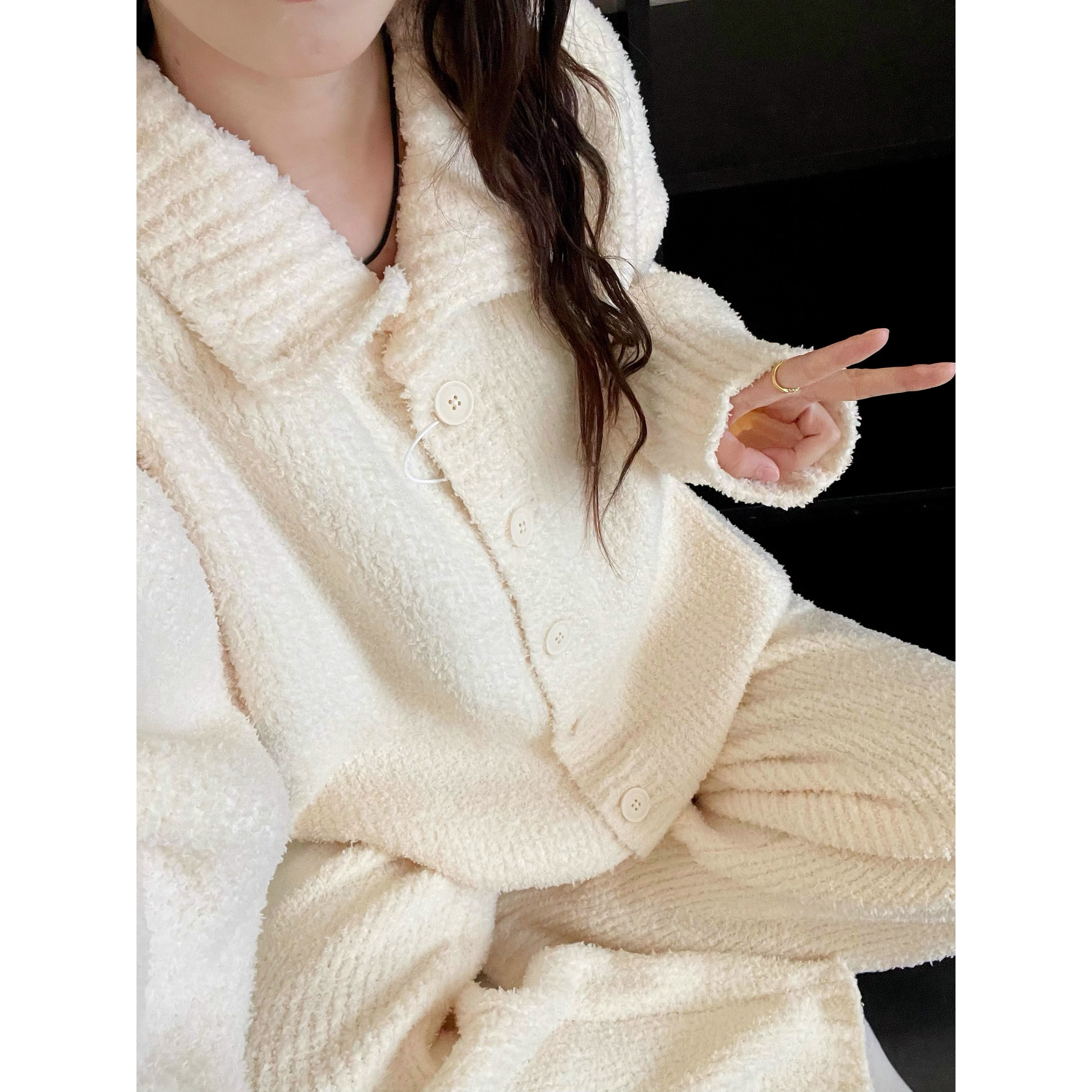 韩系甜美纯色半边绒睡衣女新款冬季新款休闲宽松家居服可外穿套装