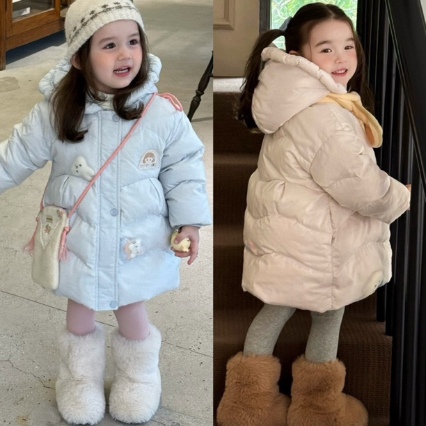 在仓现 橙小七 5507冬款女童90白鸭绒立体卡通中长款拼色羽绒服