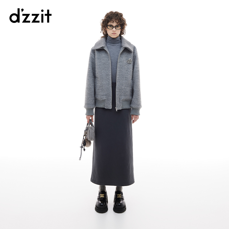 dzzit地素毛呢外套冬老钱风拼接针织翻领短大衣女3I4G175