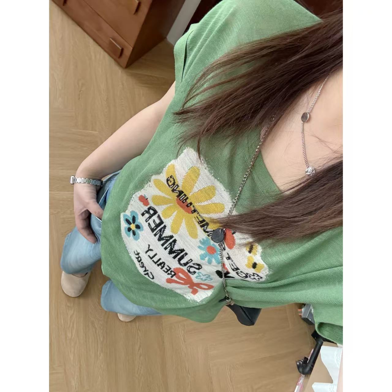 晶咕佳佳【花花】花花图案冰麻短袖T恤薄透复古宽松重工设计感