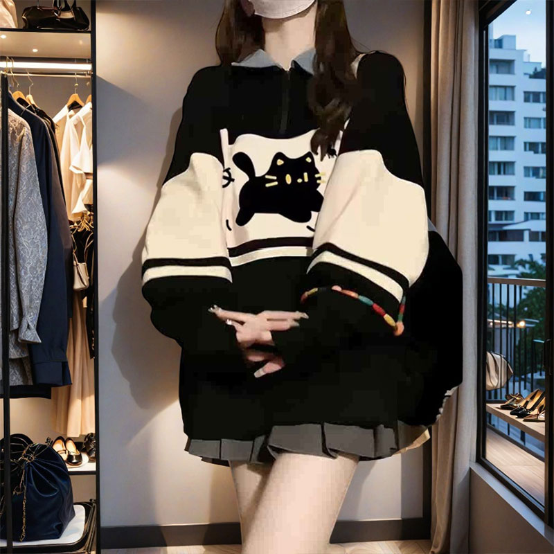 出游季加绒加厚小猫半拉链卫衣女秋冬款宽松polo领撞色上衣ins风