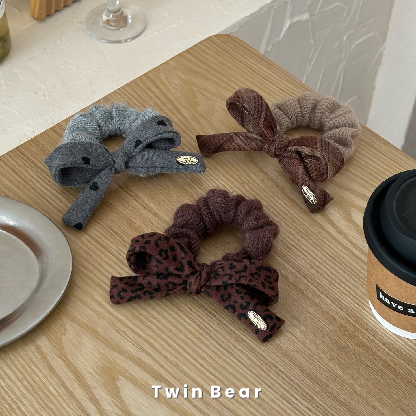 Q291氛围感~焦糖色系毛线发圈毛呢蝴蝶结小肠圈皮筋头绳发绳