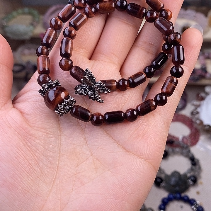 烟晶手链银S925镶嵌6毫米红虎眼双圈