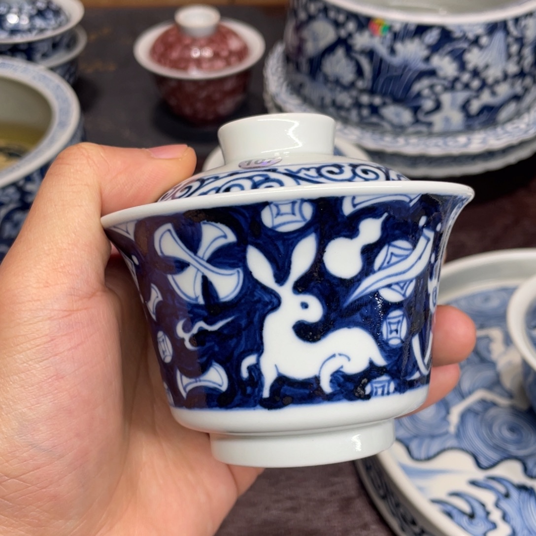 景德镇纯手工手绘福利盖碗兔