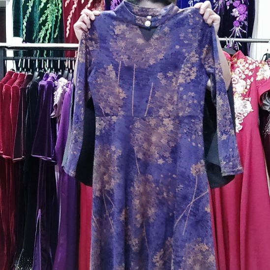 紫色花长款日常款改良旗袍裙m码有弹力110斤左右