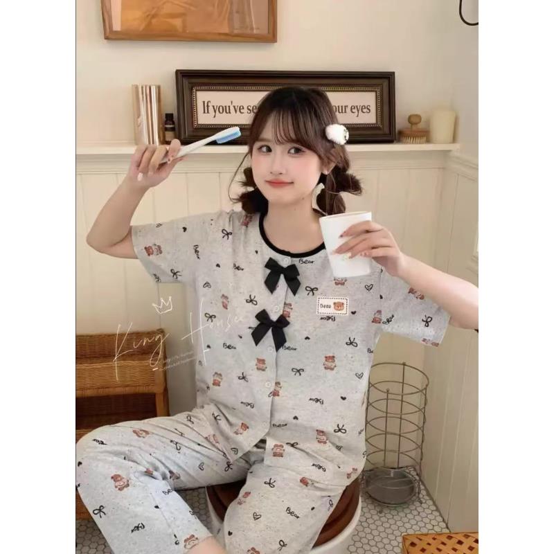 夏季女士带胸垫纯棉小香风睡衣套装短袖长裤睡衣女套装女士家居服