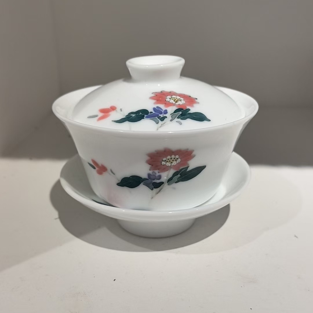  【景德镇】高温陶瓷，茶道菊花三才盖碗瓷流水（断中）