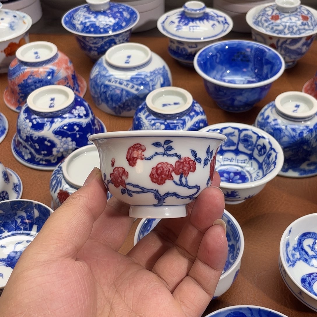 青花釉里红 山茶花 小压手