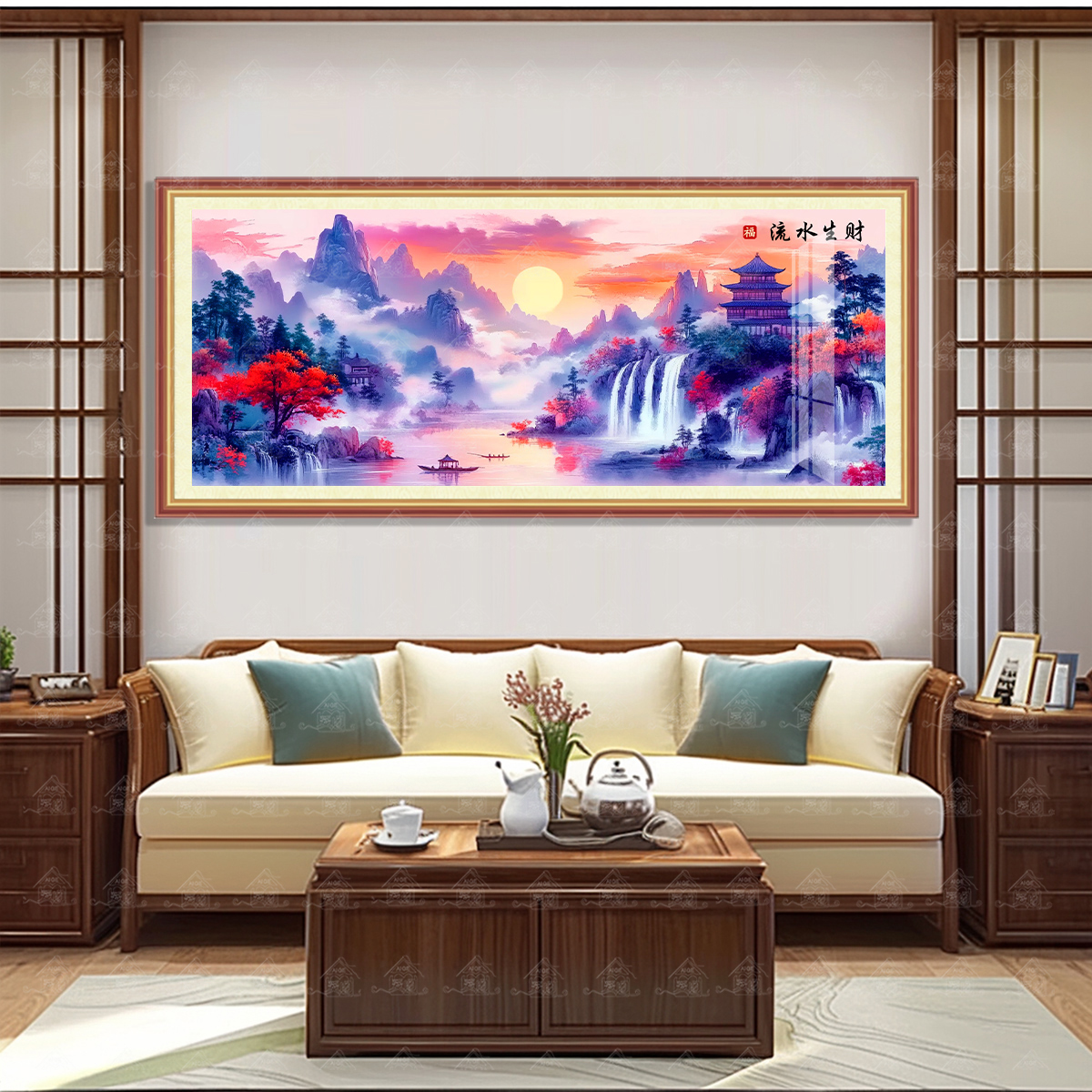 【进口棉布】爱阁十字绣紫韵丹霞-流水生财新款风景中式画手工线绣