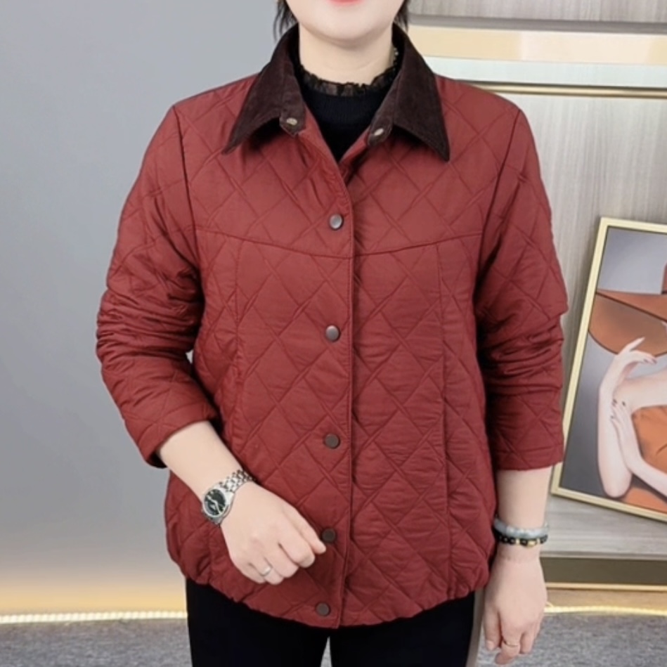 秋冬新款翻领暗扣纯色菱格中老年妈妈装宽松时尚长袖外套H7706