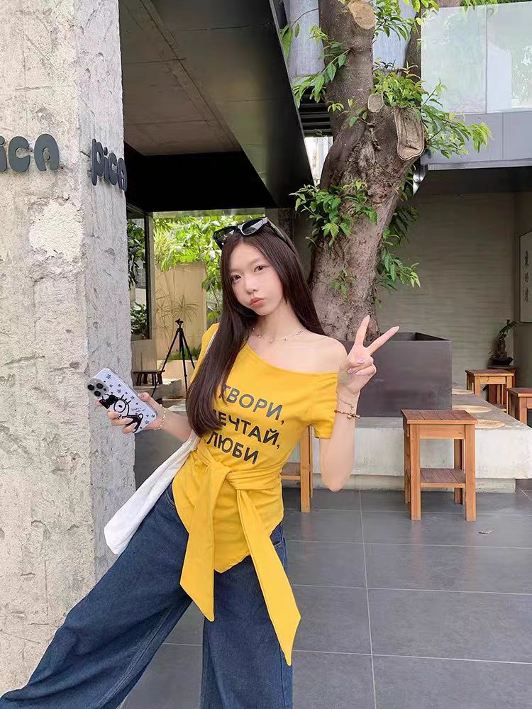 字母速干绑带一字领短袖拼接T恤圆领短款【A区】1049/A18-2