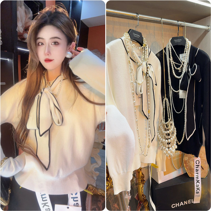 【莹空星温】63691撞色边飘带系带针织衫大码胖MM