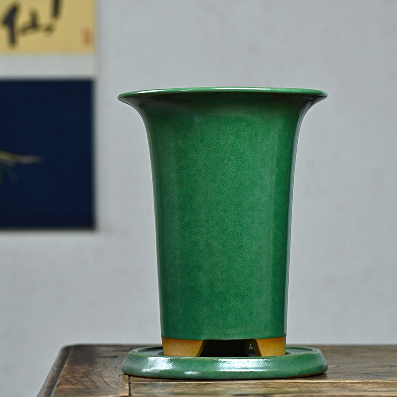 玖紫轩经典绿釉兰花盆秦夕洪纯手工高档精品紫砂花盆名家桌面复古