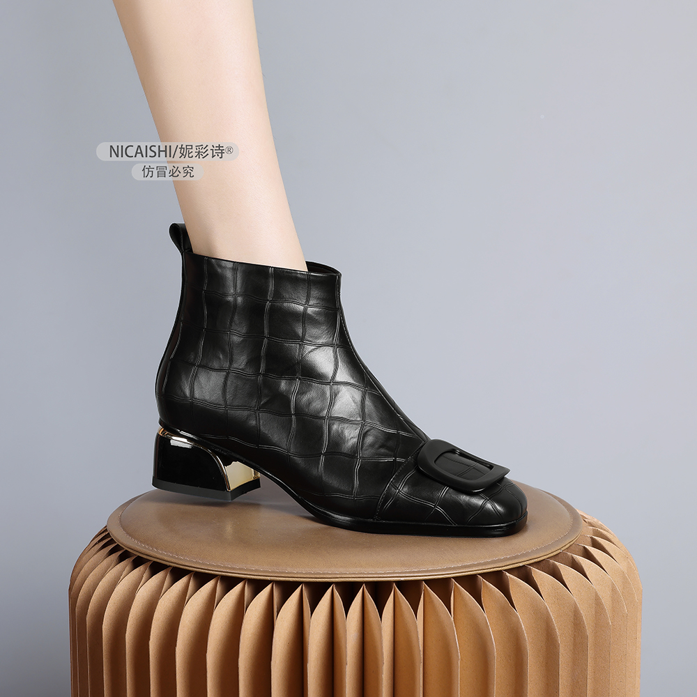 2024年新款欧美圆头粗跟短靴时尚百搭不累脚软皮加绒保暖裸靴0391