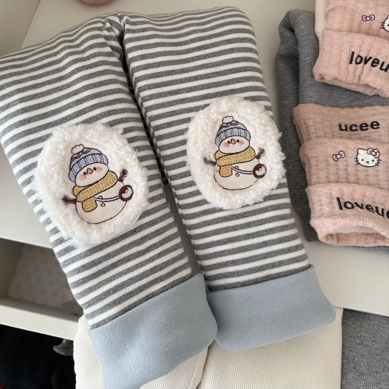 釉兮25冬女童1000克加厚一条过冬蚕丝棉打底裤宝宝（条纹雪人版）