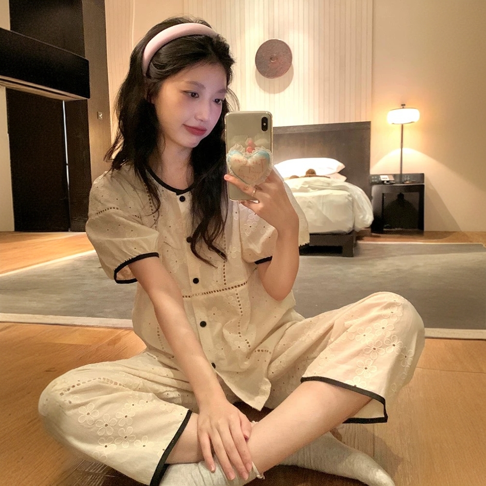 法式小香风睡衣女夏季带胸垫镂空绣花圆领开衫短袖长裤家居服套装