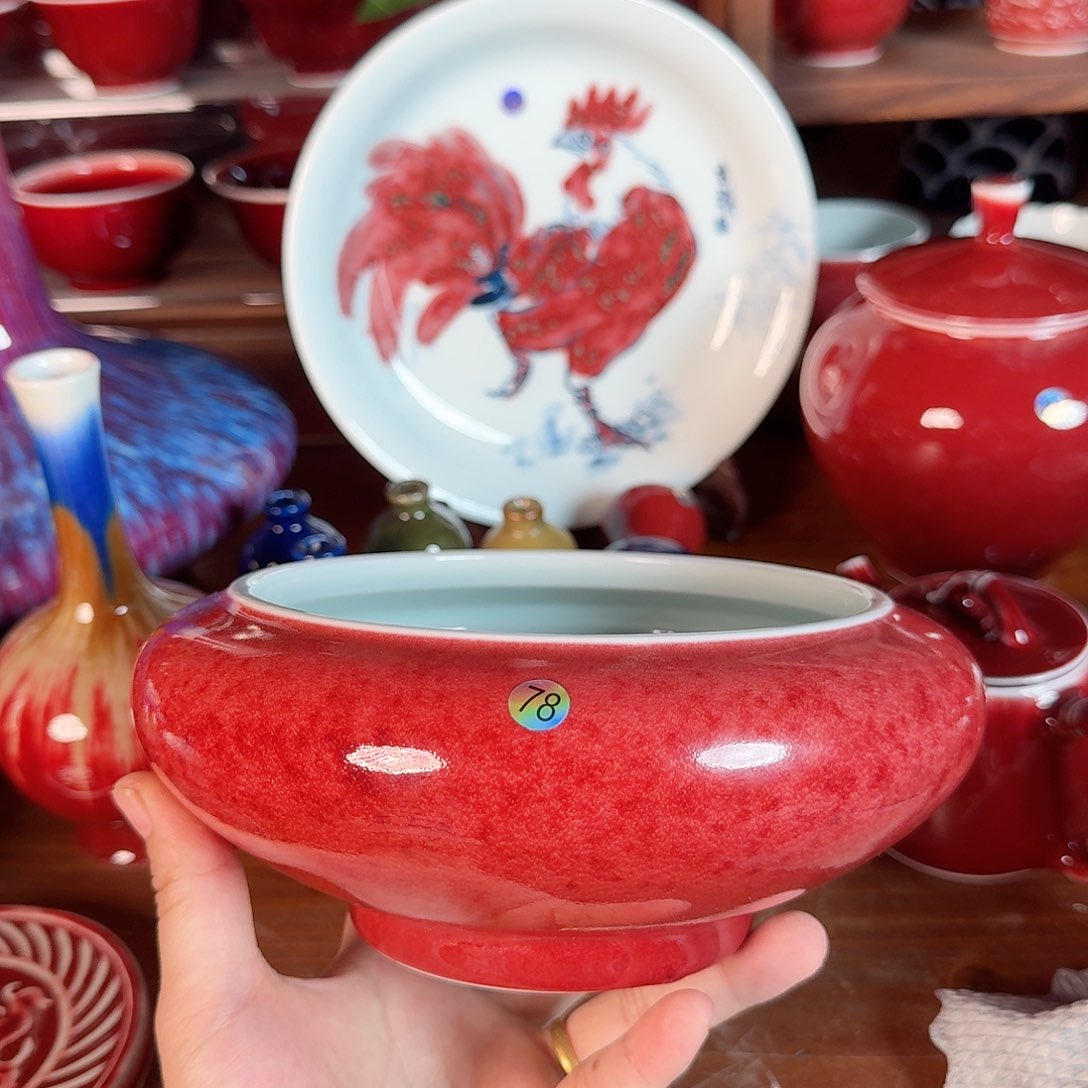 碟水洗微瑕纯手工豇豆红78——————