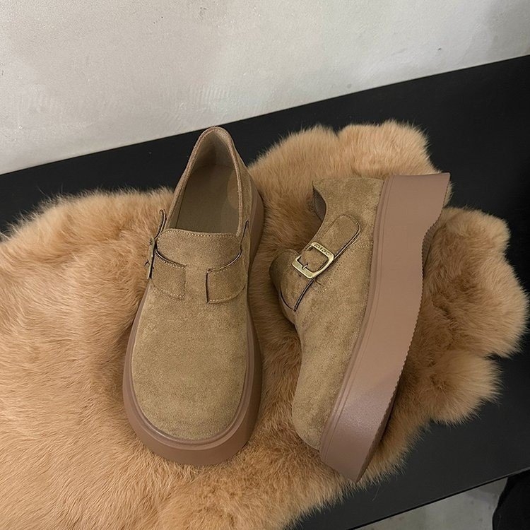 增高韩版乐福鞋秋季鞋子中跟秋冬压花皮厚底9911