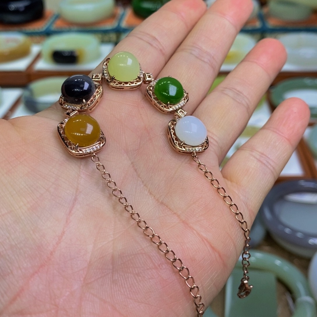 和田玉多宝手链银S925镀金镶嵌