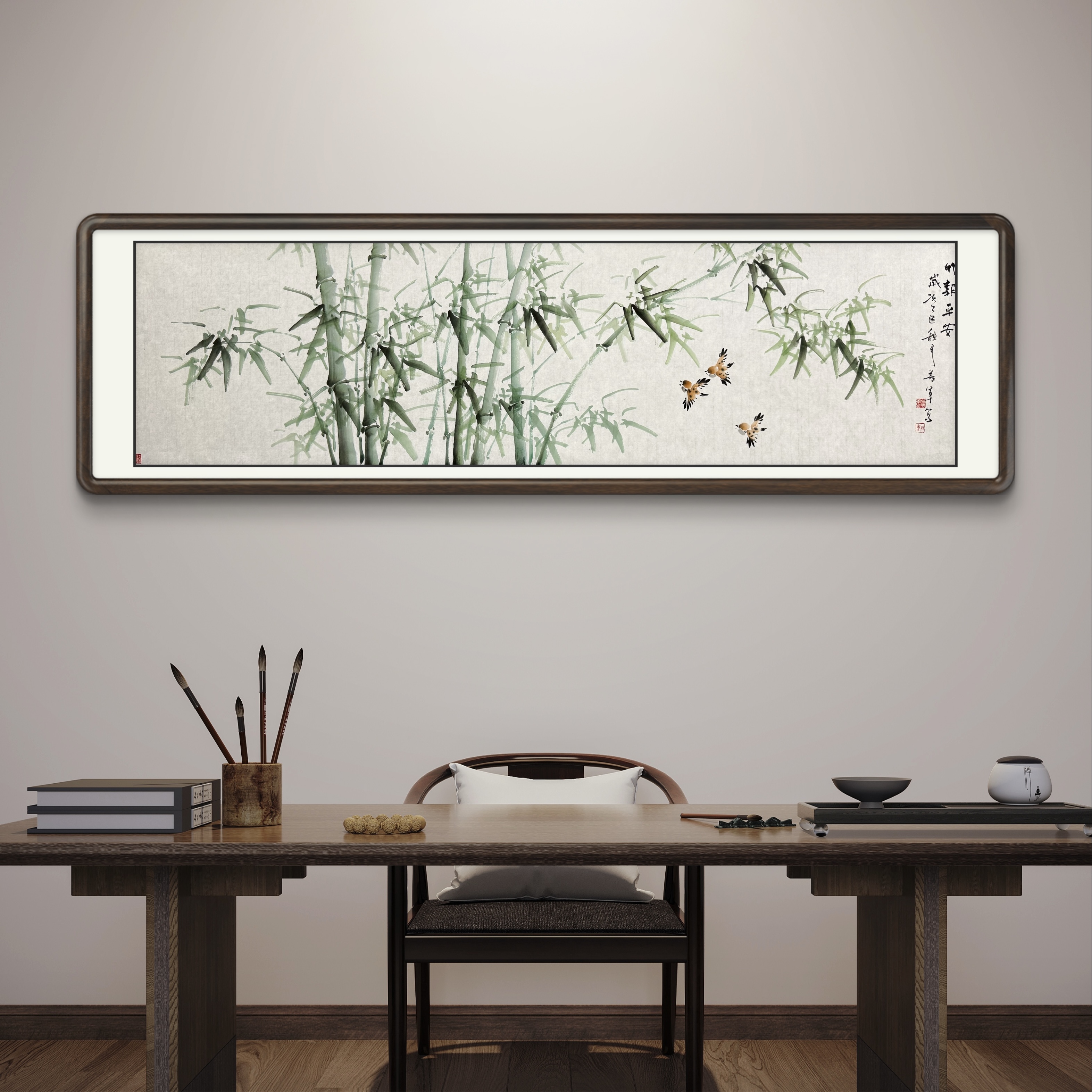 《竹报平安》纯手绘横幅六尺对开客厅茶室写意花鸟国画挂画作品