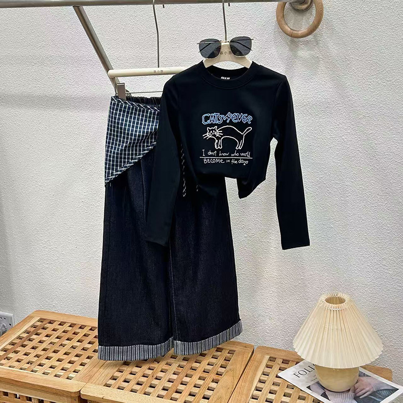 女童秋季套装2025新款儿童两件套女孩大童时髦阔腿牛仔裤洋气童装