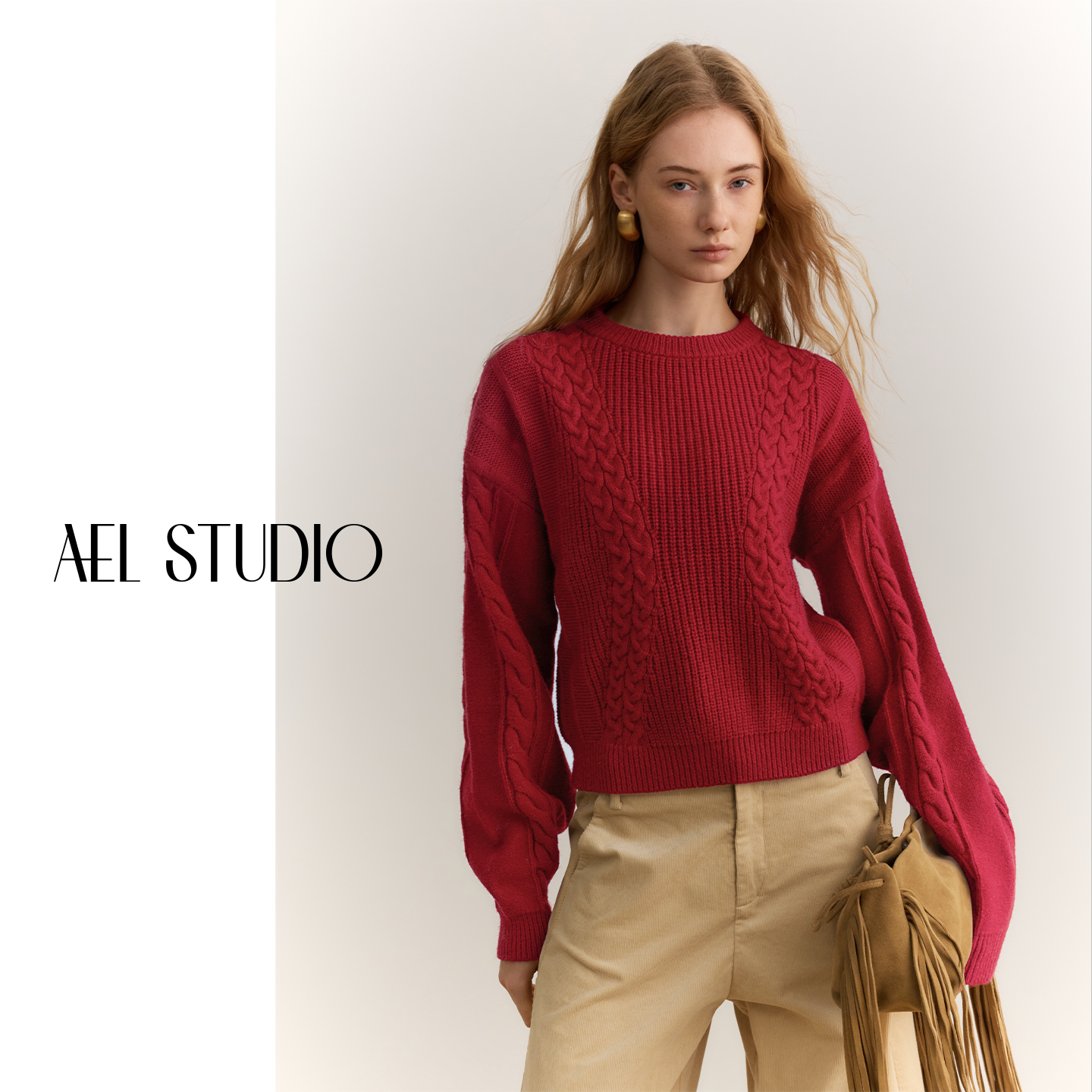 AEL原创红色绞花百搭毛衣女2025秋冬宽松套头针织衫上衣AS5DM886