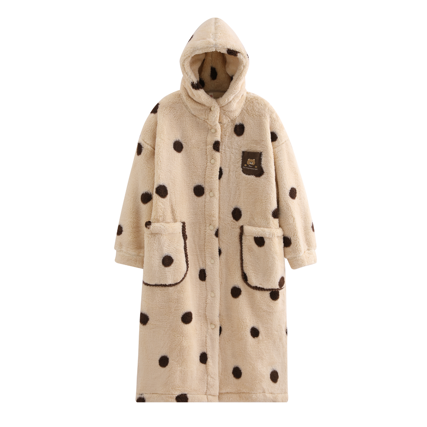 芬腾布朗熊新款珊瑚绒睡袍女秋冬加厚连帽卡通可爱波点外穿浴袍