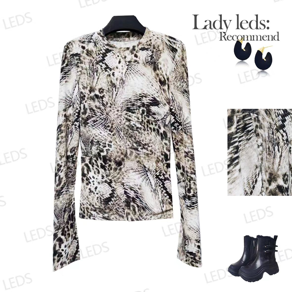 LEDS 9596秋冬辣妹风豹纹开叉袖圆领带垫肩修身显瘦百搭打底针织