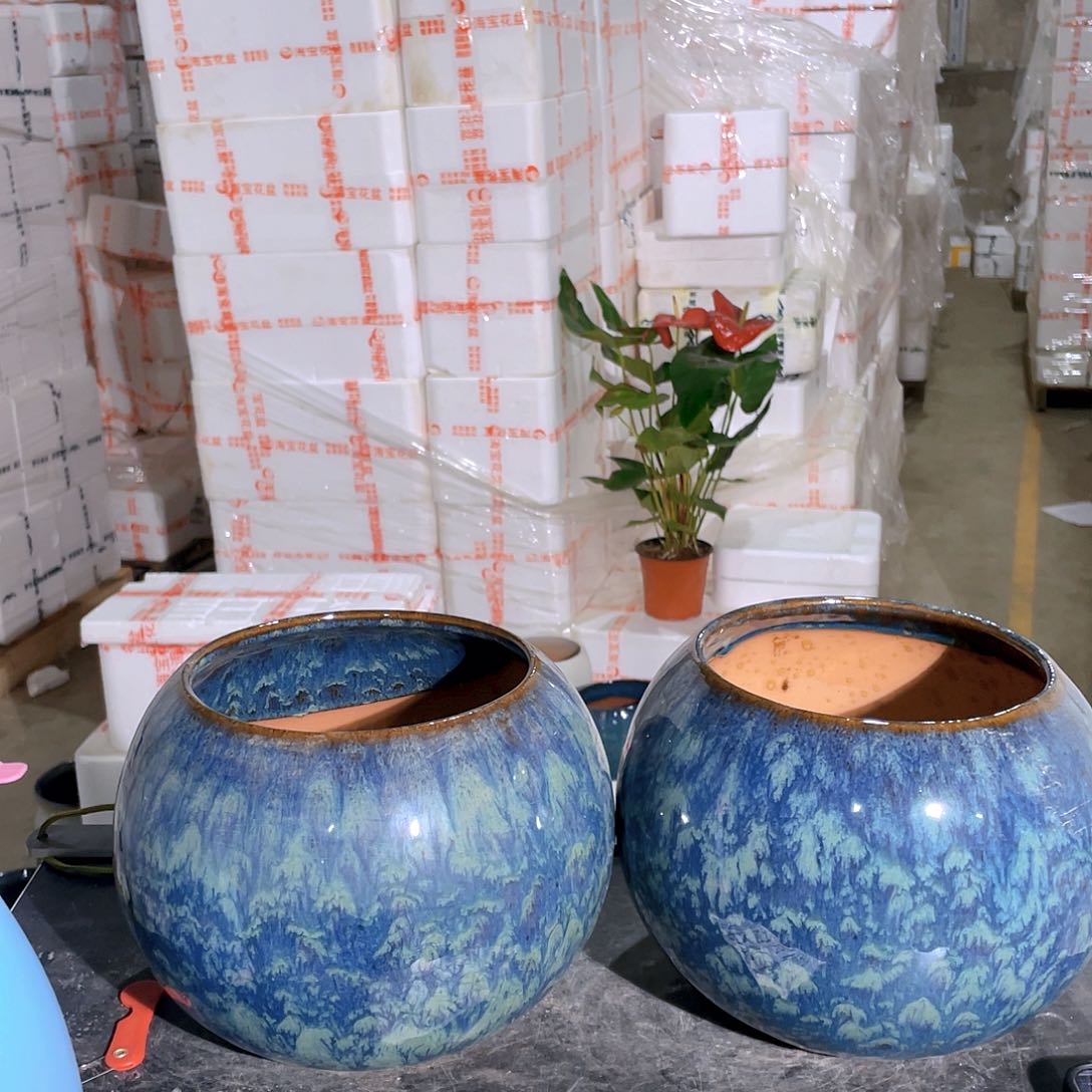 蓝色大圆球陶盆两个装口15高16