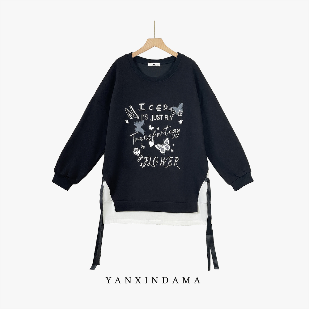 【岩心】大码女装300斤胖MM慵懒风字母印花假两件圆领卫衣66682