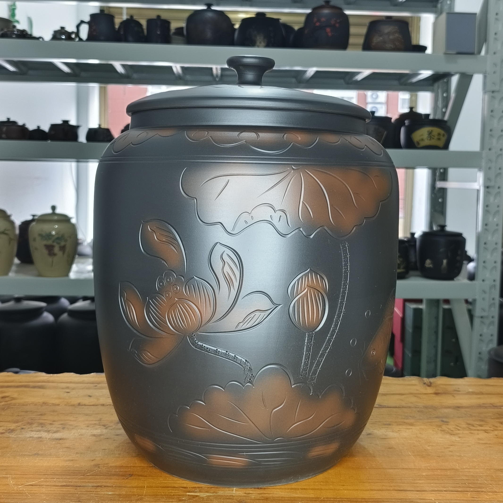 建水紫陶16饼茶叶缸20斤米缸纯手工大号大容量茶叶罐高端密封罐家