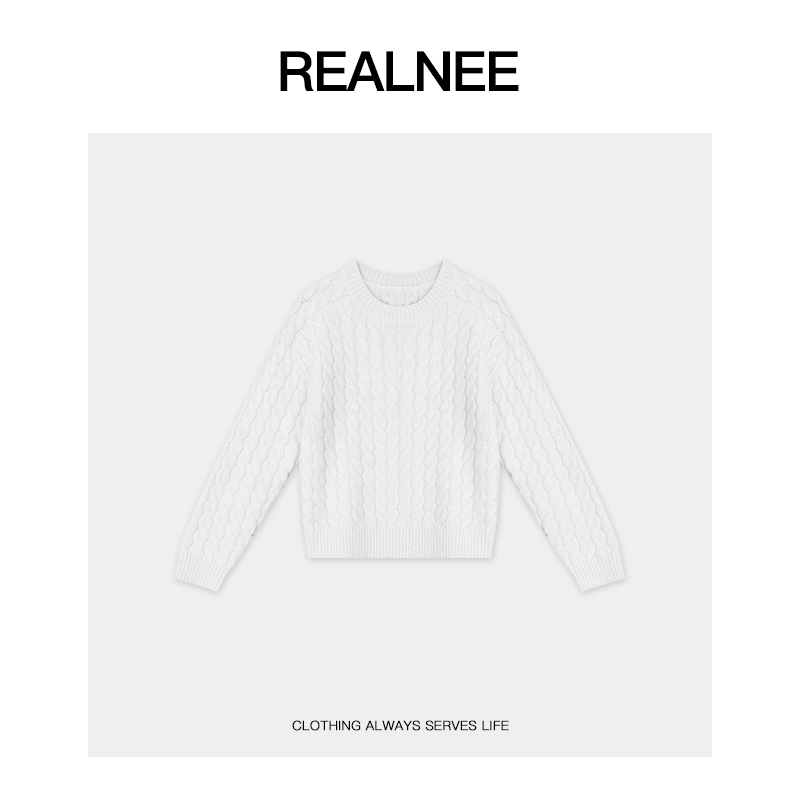 REALNEEI【云感至上】眻毛极简软糯麻花针织慵懒套头显瘦毛衣10131
