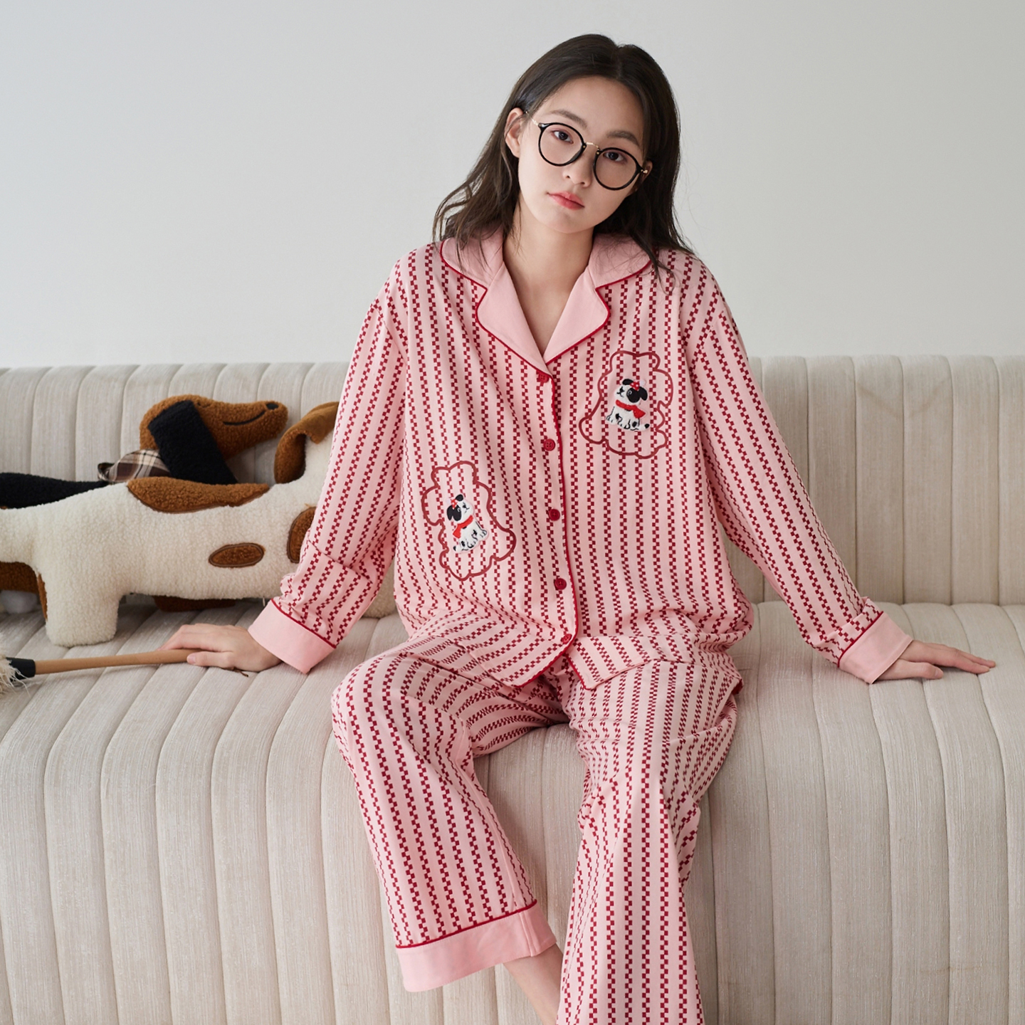 芬腾睡衣女款春秋季纯棉长袖长裤全棉休闲简约秋季外穿家居服套装