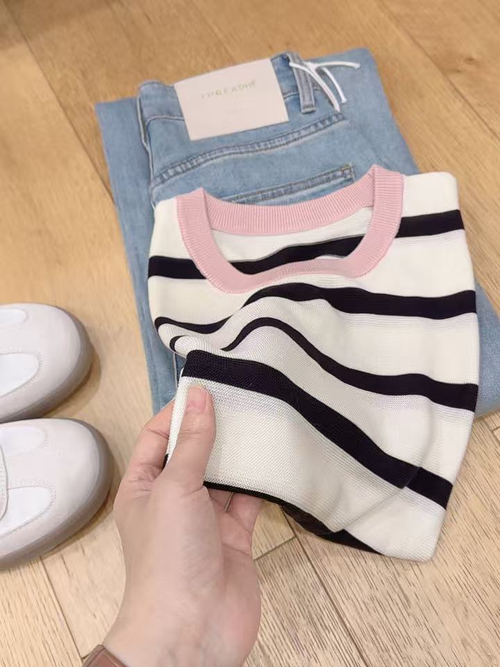七言家 巨好看！粉白条纹撞色短袖2