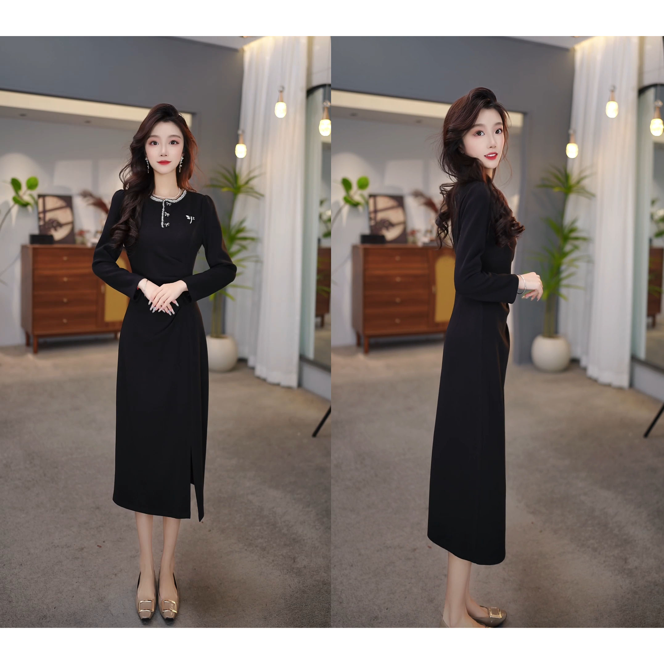 2025秋款黑色轻奢精致时尚显瘦气质长袖修身中长款连衣群M-4XL