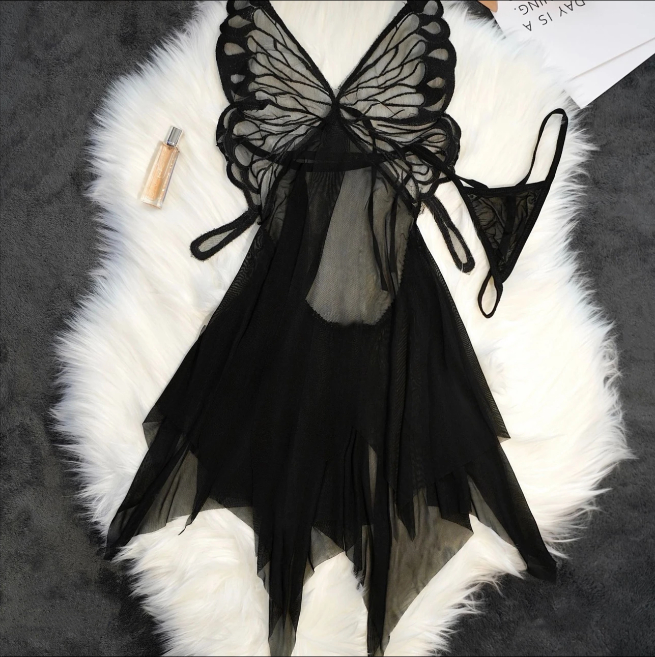 〔F.Y〕纯欲风透明蕾丝网纱蝴蝶结吊带睡衣