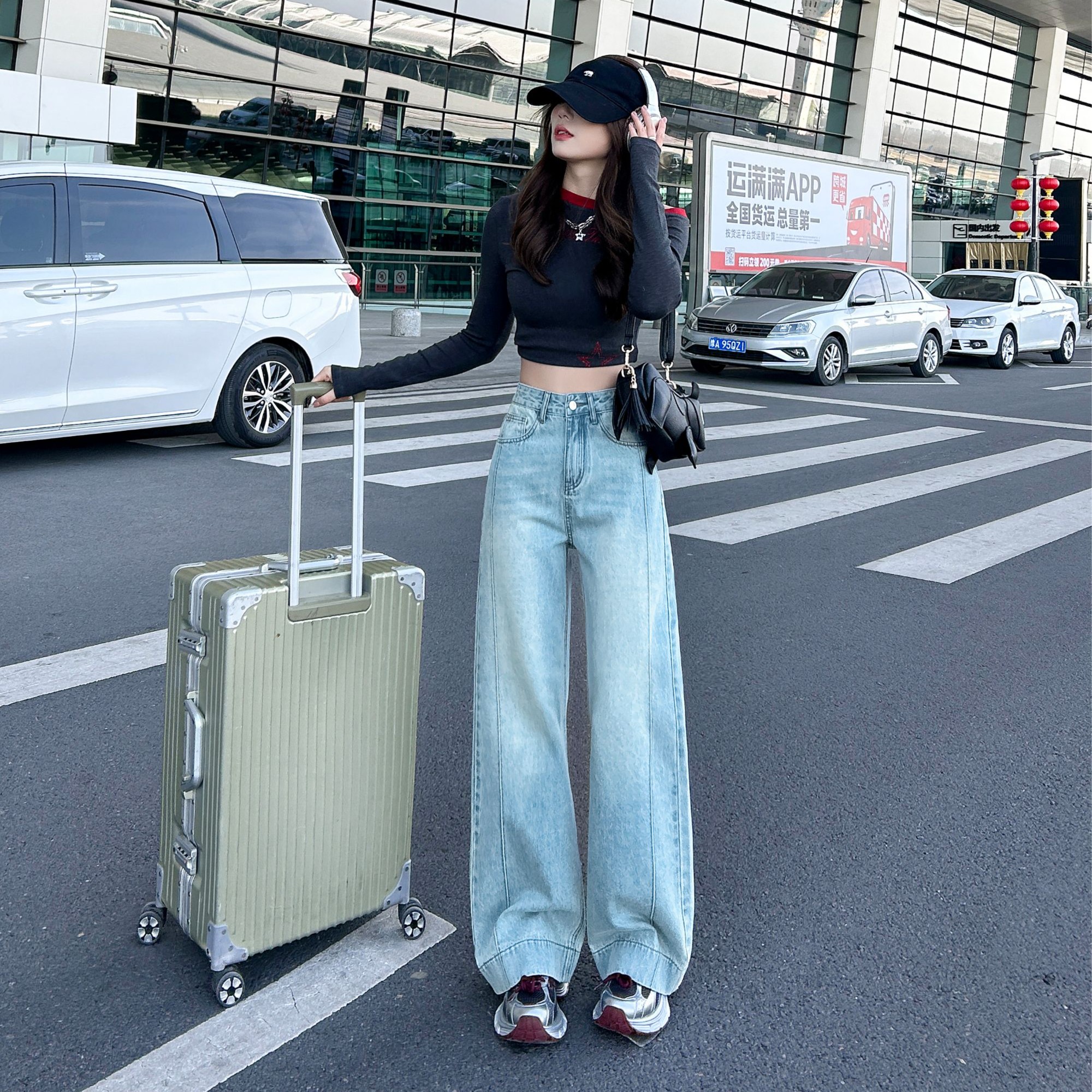 2390#浅色弹力阔腿牛仔裤女春秋新款显瘦宽松百搭洋气直筒裤子