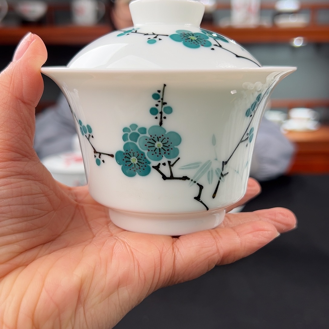 翠竹绿梅马蹄两才盖碗